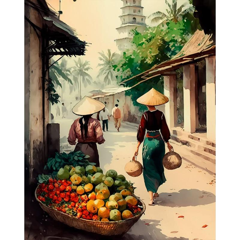 

Вьетнамская деревня Постер Азиатский рынок Сцена Холст Картина Винтажная Акварель Настенное Искусство Картина для Гостиной Домашний Декор 21cm×30cm NoFrame