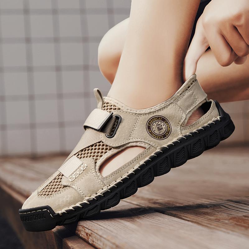 Fashion Sandals Men's Tide Summer New Style Leather Toe Cap Outdoor Leisure Sports Hollow Sandals Beach Shoes Handmade Mesh Men Shoes