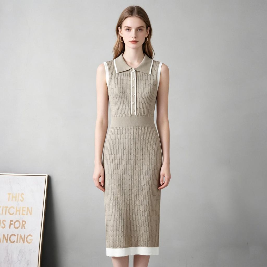 Temperament elegant contrasting color lapel short-sleeved dress women's waist simple and thin pit strip long dress women