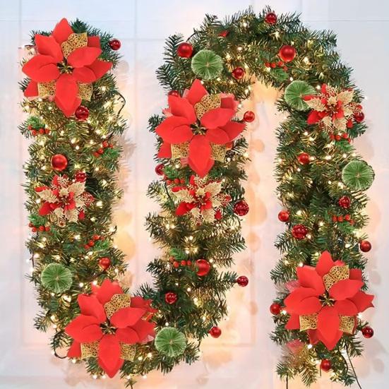 180CM Artificial Christmas Garland with Light Simulation Flower Holly Berry Red Balls Fake Rattan Mantle Fireplace Porch Indoor Outdoor Decoration