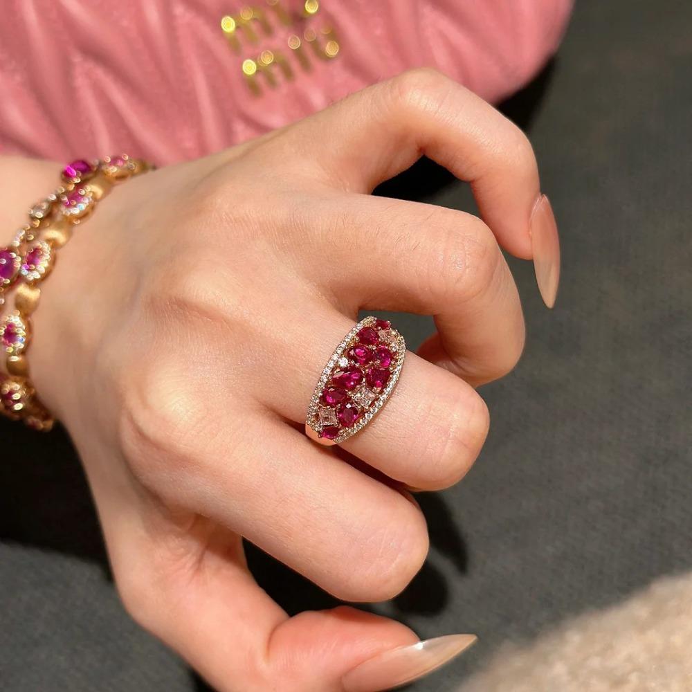Vintage Open Ring Red Bubble Corundum Chinese Style Elegant Adjustable Women Jewelry