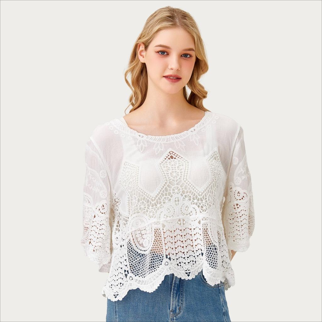DIMANAF 2025 New Short T-Shirt Women Knitting Lace O-Neck Hollow Summer Style Basic Tops Tees Loose Clothing