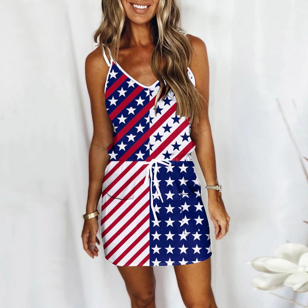 Damenmode-Unabhängigkeitstag-bedrucktes, ärmelloses Bandage-Hosenträgerkleid