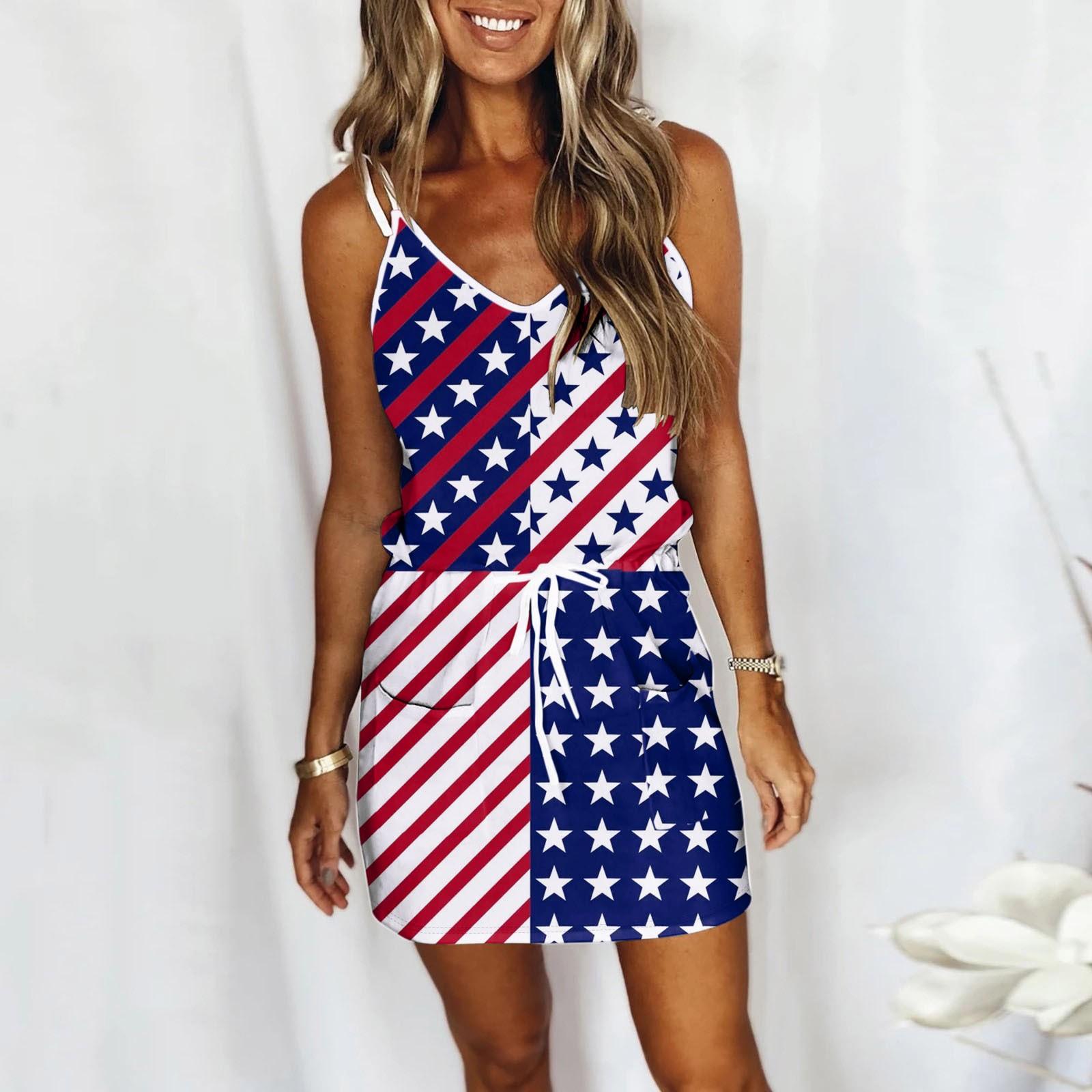 

Женское модное платье без рукавов с принтом на подтяжках ко Дню независимости M белый