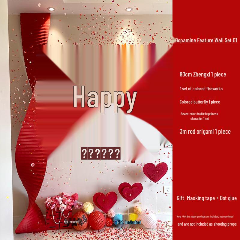 Dopamine Wedding Décor Set: Double Happiness Stickers & Bride's Bedroom Sofa Photo Backdrop Wall Décor