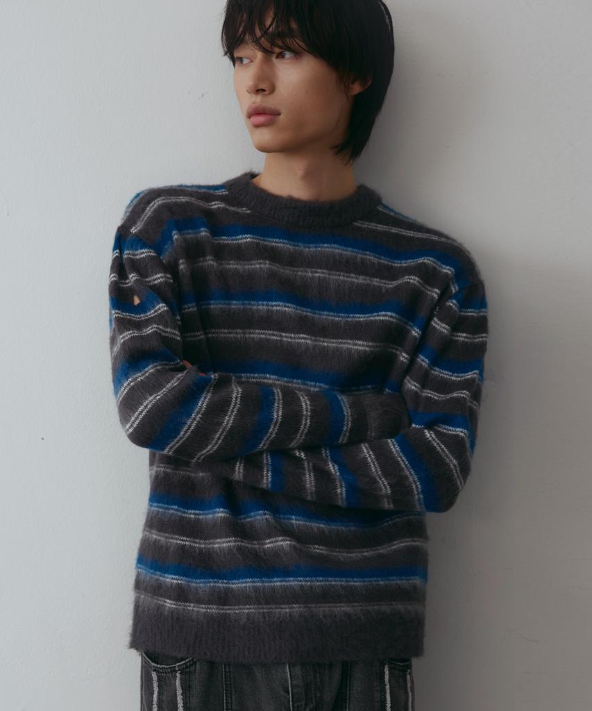 NODU Crop Multi-Stripe Brush Knit [Gray]