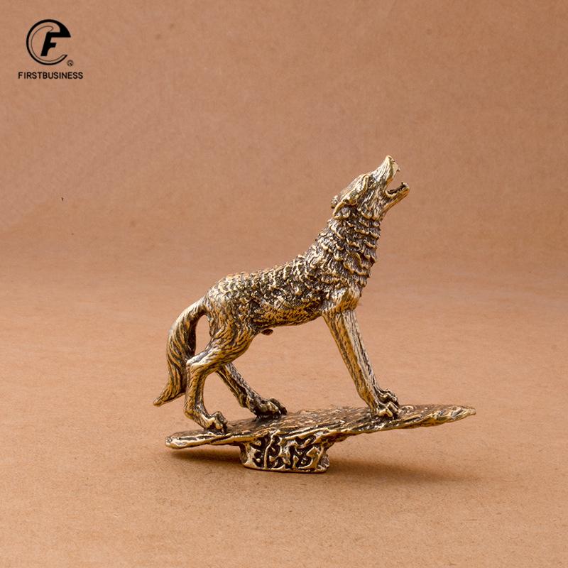 Solid Brass Prairie Rock Stone Wolf Statue Desktop Ornament Table Tea Pet Vintage Copper Animal Figurines Miniatures Decoration