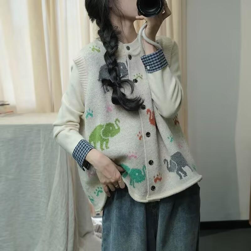 Dimanaf 2025 Women Sleeveless Buttons Autumn Vest Sweaters Style Printing  Knitting Casual Loose Sweater