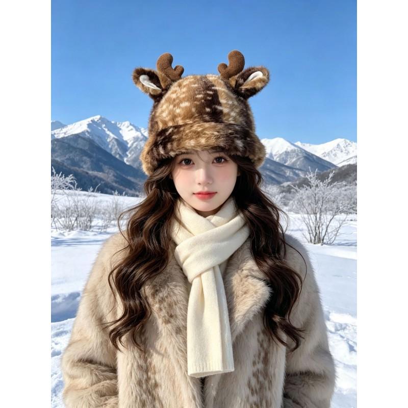 Fuzzy Reindeer Antler Beanie Hat Women Men Winter Warm Ear Protection Fisherman Cap Cute Animal Style