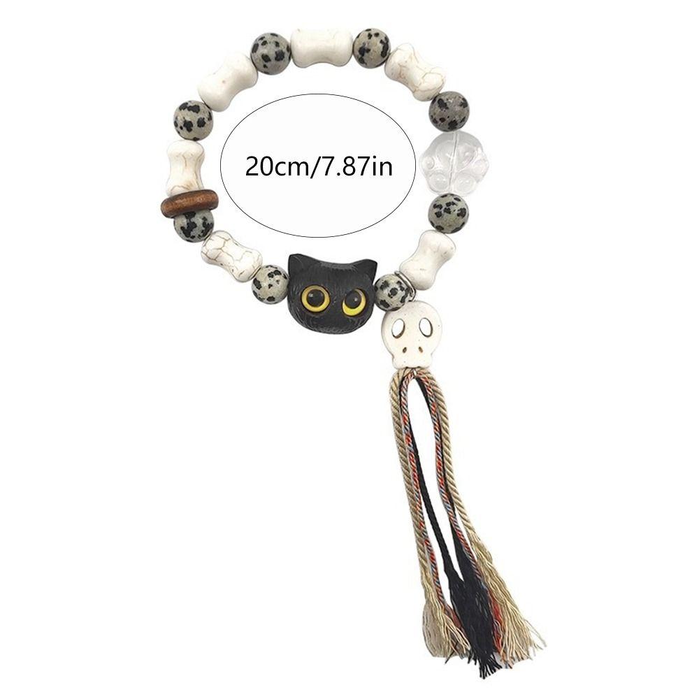 Skull Cat Handmade Bead Bracelet Ceramics Bead Cartoon Hand Ring Vintage Black Cat Bracelet  Women