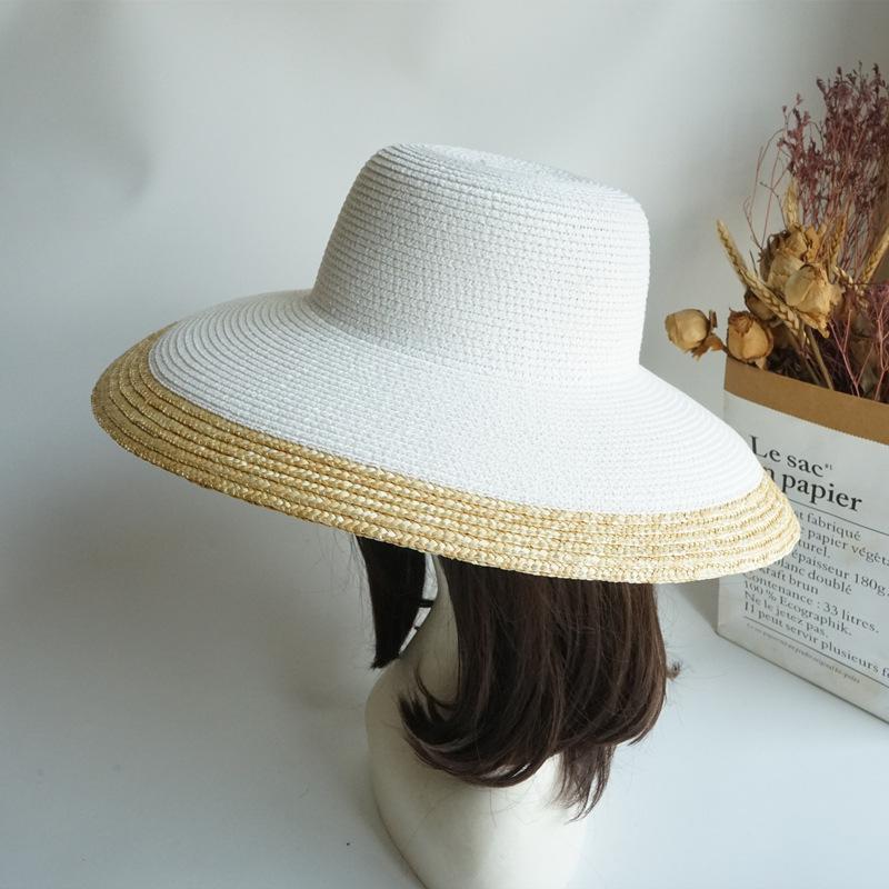 French Retro Straw Splicing White Big Brim Sunshade Sun Protection Beach Straw Hat Women'S Vacation Travel Top Hat Summer