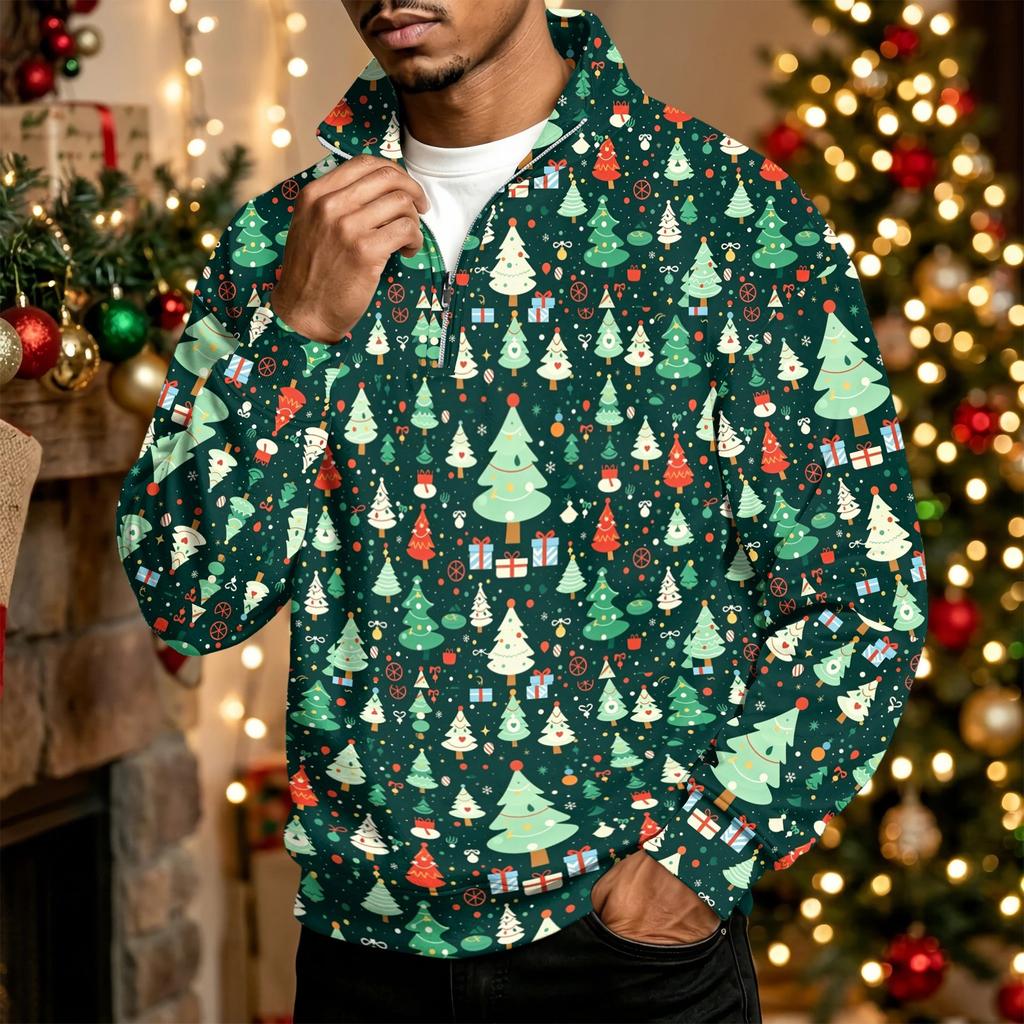 Men's Casual Stand Collar Sweatshirt with Christmas Print for Holiday Wear