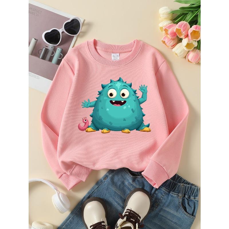 Kids Crewneck Sweatshirt, Cute Monster With Worm Print,Daily Casual Top for Spring & Autumn