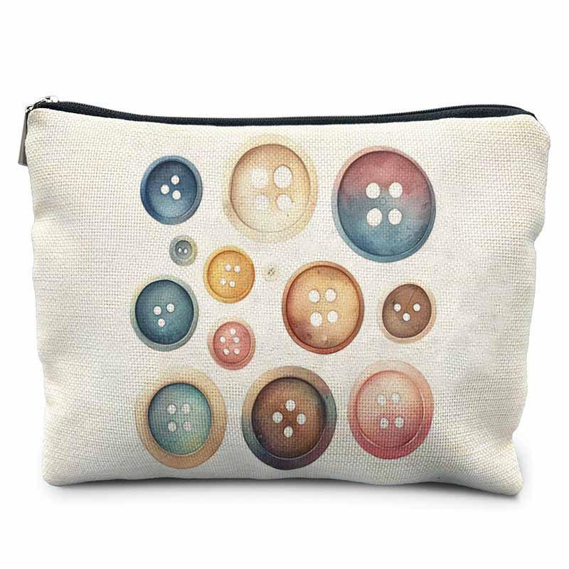 Creative Sewing Theme Print Makeup Bag Polyester Zipper Pouch Button Yarn Cat Pattern Organizer for Travel Daily Use 21.5x15cm
