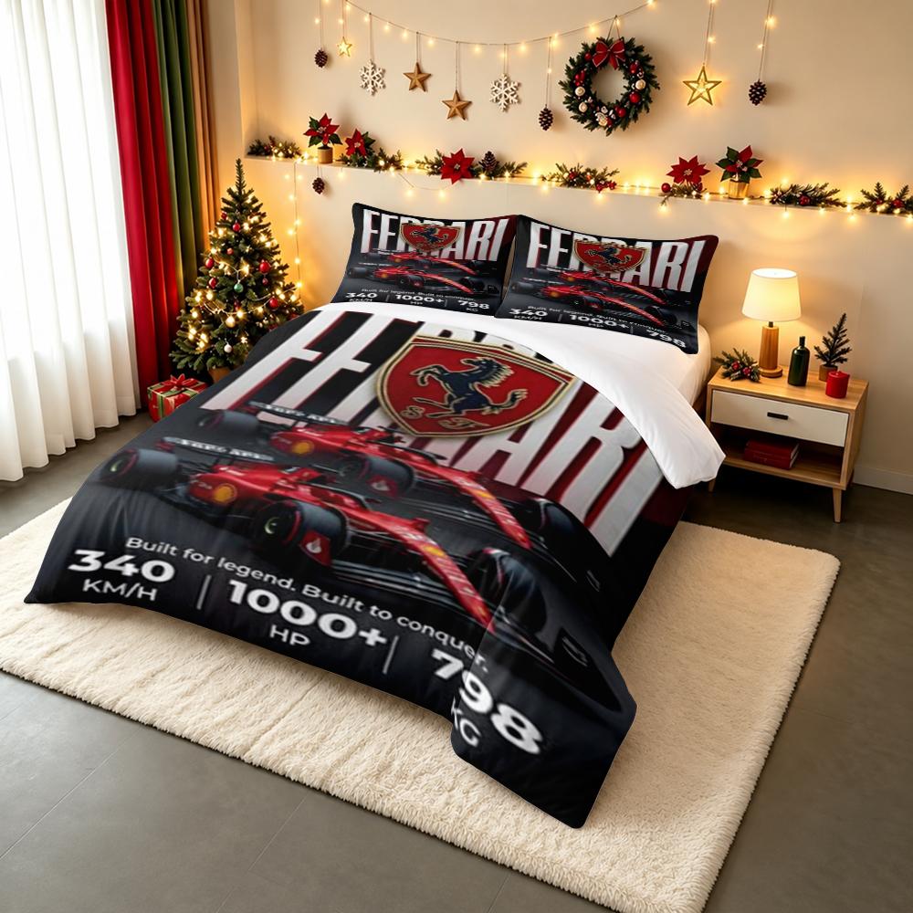 3 Piece Bedding Set with Duvet Cover and 2 Pillowcases - Ferrari Prancing Horse Two Red Cars Stats Print - Motorsport Decor
