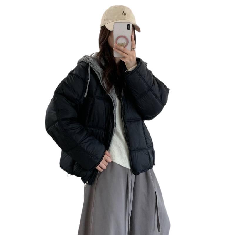 Winter 2026 Women's Korean Style Hooded Lightweight Puffer Jacket - Short, Faux Two-Piece Design.