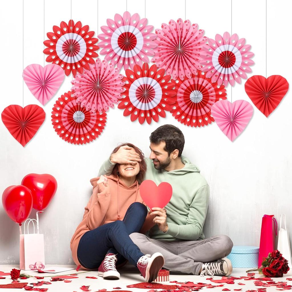 12 Pcs Valentines Day Decorations Set Heart Party Hanging Paper Fans for Valentines Wedding Bachelorette Engagement Anniversary Bridal Shower