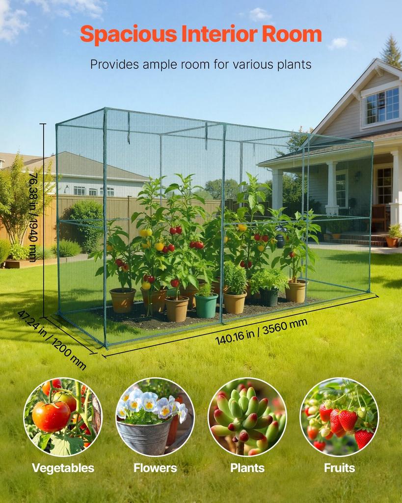 Crop Cage, 3.56 X 1.2 X 1.94 M Plant Protection Tent with Zippered Door, Wind-Resistant Tall Crop Cage, Easy To Install, Outdoor Raised Bed Cover,