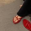 Sheepskin heel height 6cm slippers women's summer toe fairy wind outer wear thin band wedge herringbone cool slippers