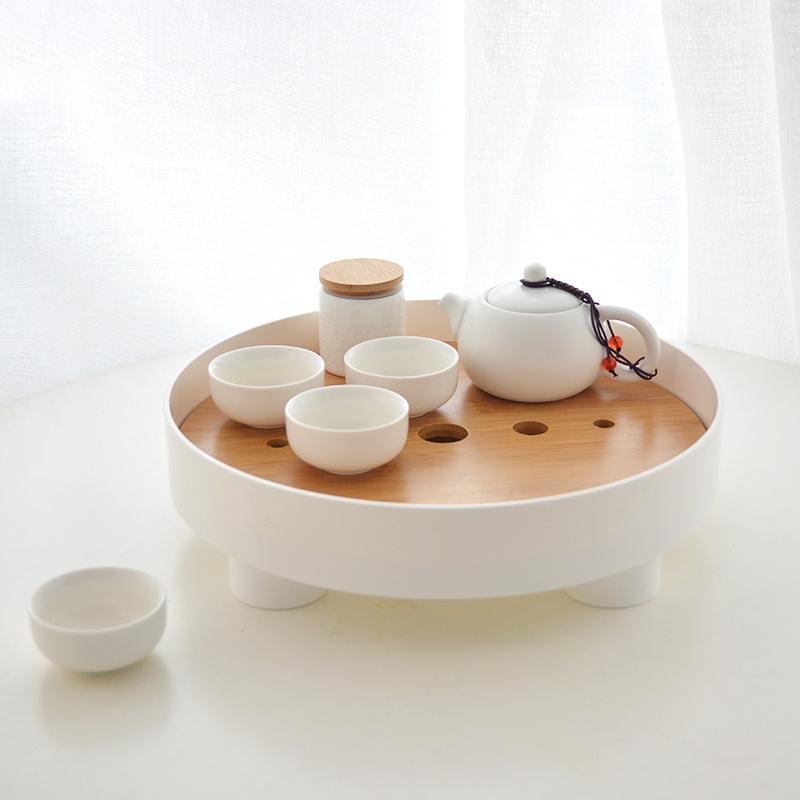 Japanese Style Simple Round Tea Basin Household Small Tea Tray Plastic Bamboo Drain Table Living Room Tray