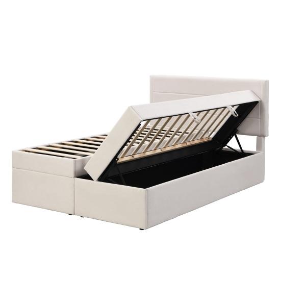 Double Bed Upholstered Bed 200x140cm Bed with Slatted Metal Frame Large Youth Storage Space Can Be Opened On Both Sides Beige Flat