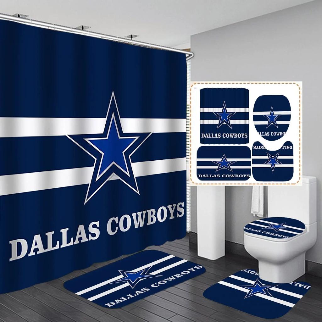 White Navy Blue American Football Shower Curtain Set,Modern Texas Star Rugby Athlete Helmet Sports Bathroom Set Non-Slip Mat Rug