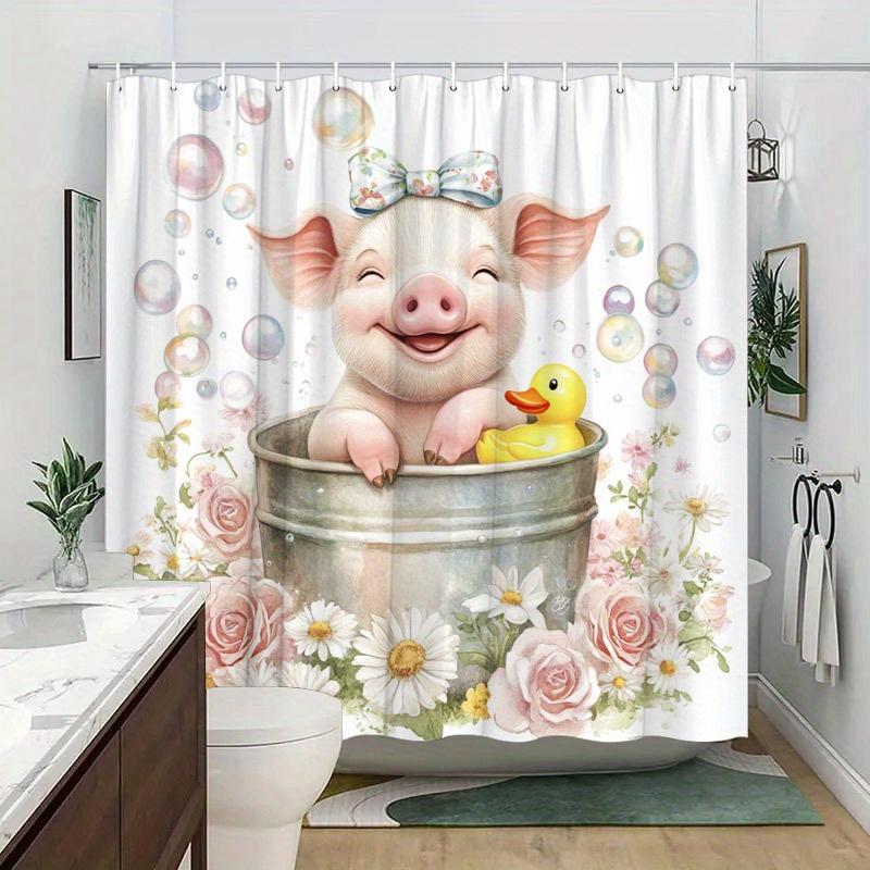 1pc Whimsical Piglet Shower Curtain - Pink Floral, Blue Duck & Roses, 70.8x70.8", Polyester, 12 Hooks, Washable