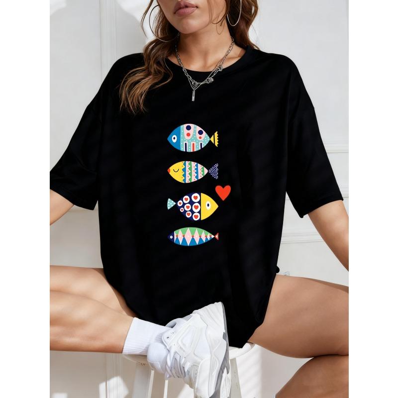 White T Shirt With Colorful Fish Pattern For Casual Wear