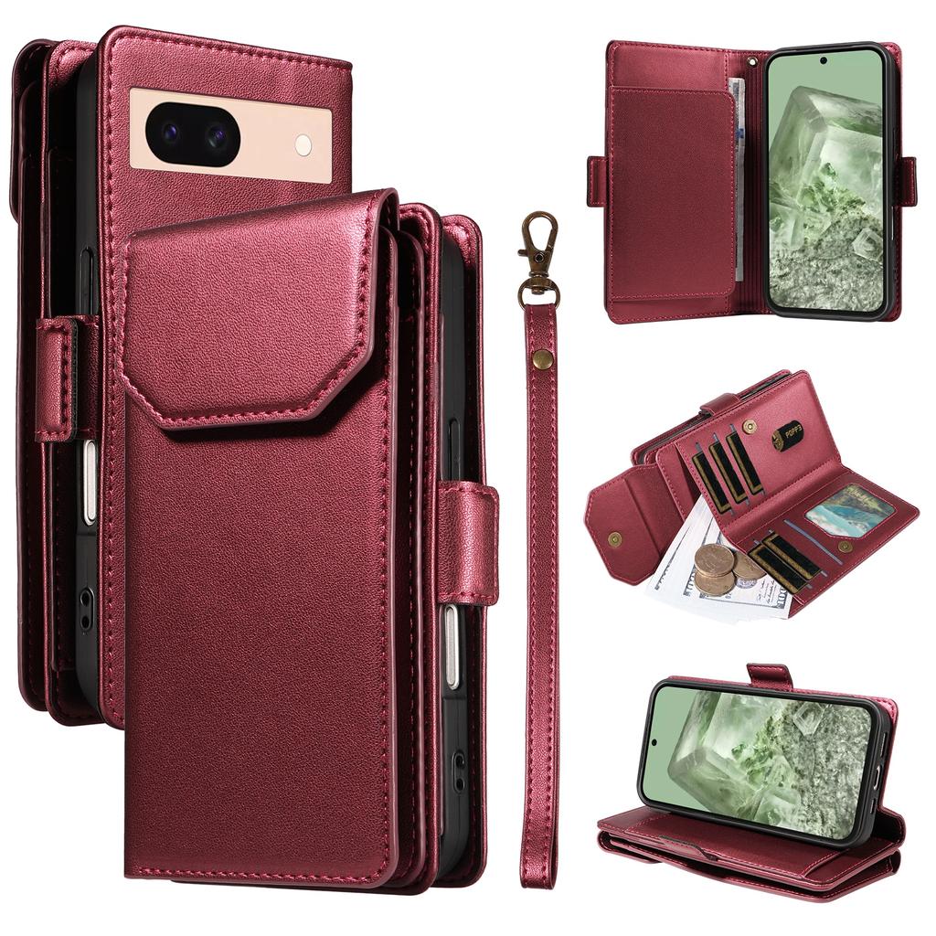 For Google Pixel 8a Case with Multi-Card Holder and Strap PU Leather Phone Cover Stand