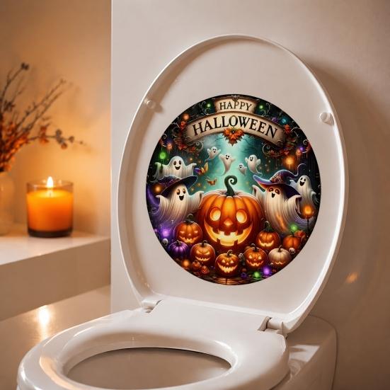 Water Resistant Bathroom Wall Art Happy Halloween Toilet Sticker, Pumpkin Ghost Lid Easy Apply PVC Waterproof Decal for Home Party Decoration Peel And