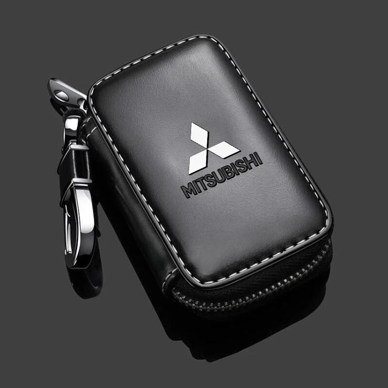 

Leather Car Key Case Cover Keychain Zipper Bag Protector Car Key Pouch Bag for Mitsubishi ASX Lancer L200 Pajero Sport Attrage чорний