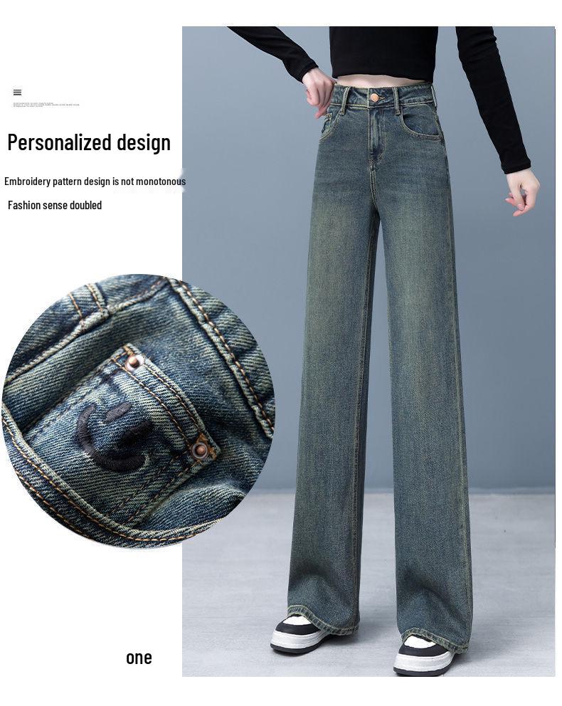 Damen High-Waist Fleecegefütterte und Einschichtige Weitbeinjeans - Frühling, Herbst, Winter Retro Schlankmachende Straight-Leg Bodenlange Hosen