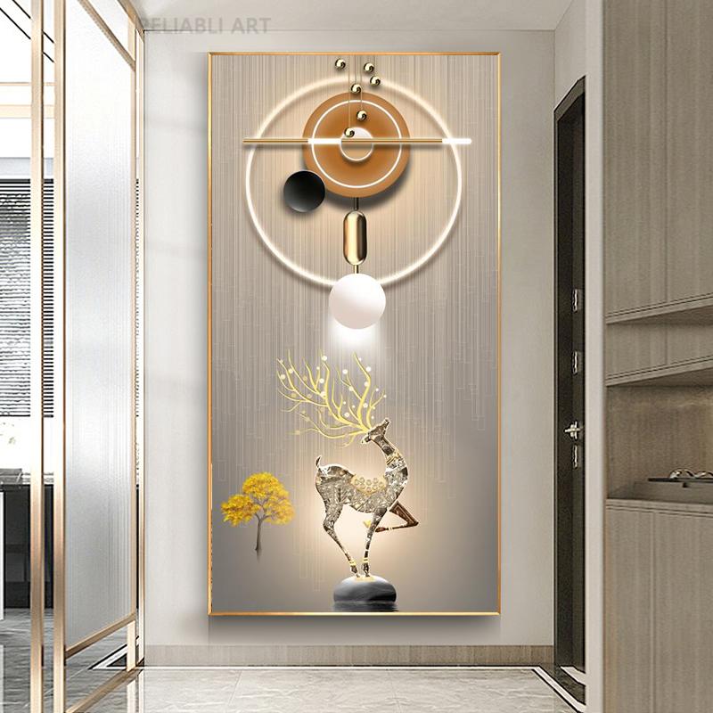 New Chinese Fengshui Golden Deer Canvas Painting Abstract Zen Stone Posters and Prints Modern Luxury Wall Art for Porch Decor