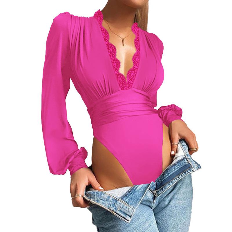 

Однотонный боди с глубоким V-образным вырезом и кружевной отделкой, стройнящий, для женщин L розы красного