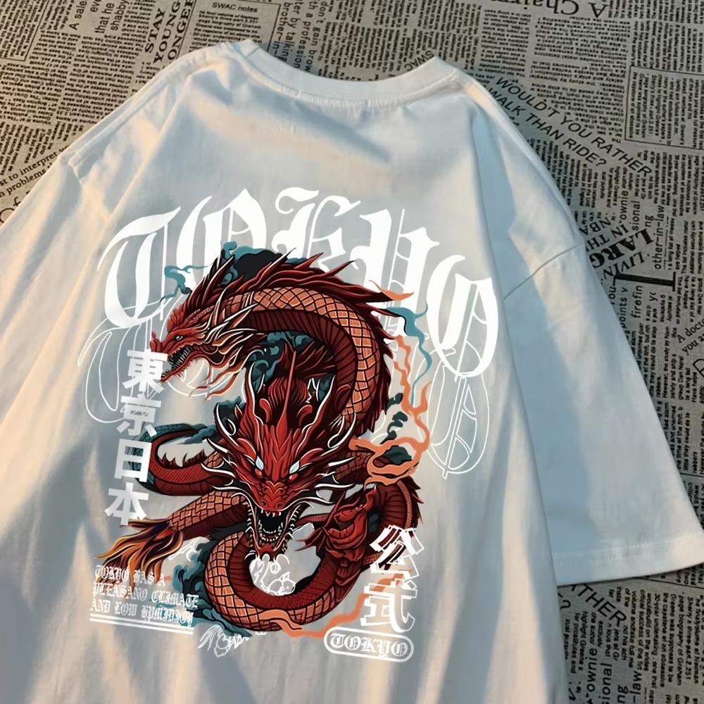 Japanese Style Tokyo Devil Dragont-Shirts Men Pattern Cotton T-Shirt Vintage Loose Clothing Personality Summer Tshirt Women
