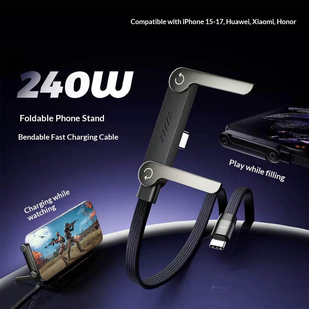 90 Degree Angled Type-C to Type-C 240W Fast Charging Cable Data Sync Cord with Phone Holder for Gaming/Multitasking