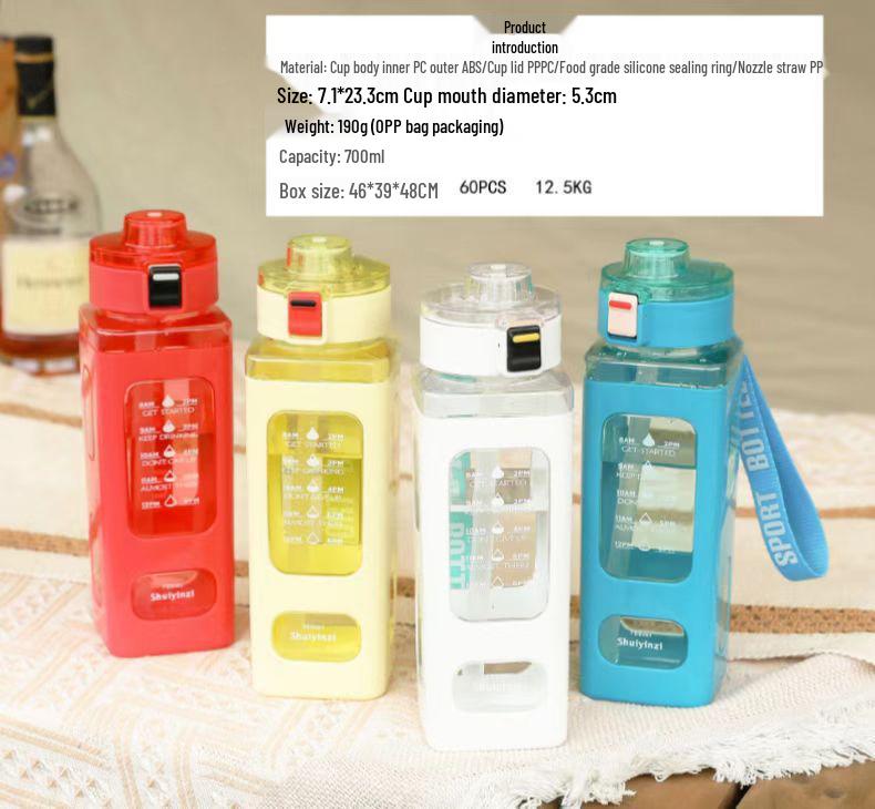 700ml Creative Portable Square Sports Water Bottle with Handle and Straw