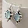 Vintage Silver Color Sea Blue Stone Dangle Earrings Woman Oval Party Daily Wear