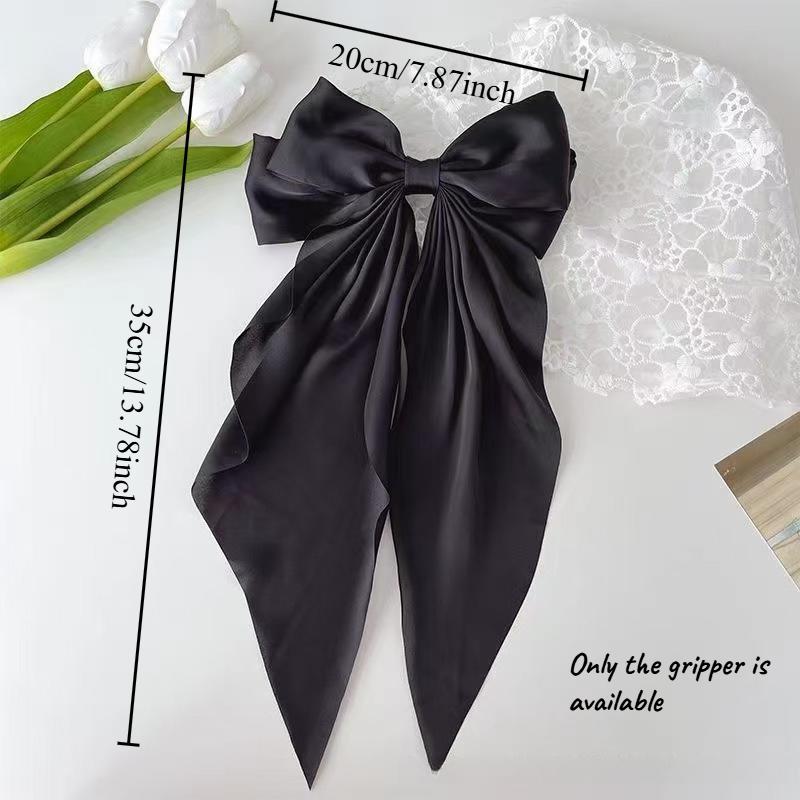Oversized Satin Bow Hair Clip with Long Ribbon Elegant Solid Color Hairpin for Women Girls Party Daily Hairstyling