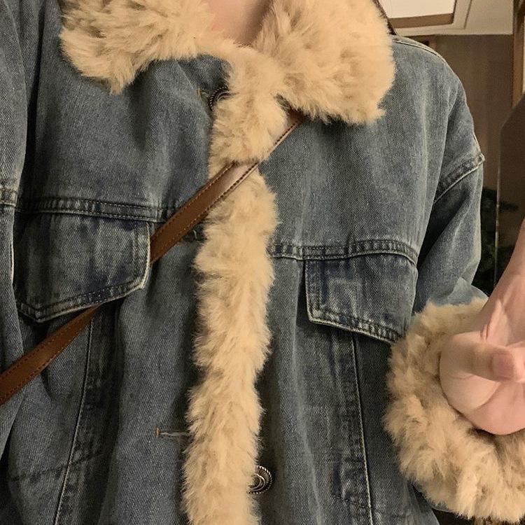 Women's Lambswool Denim Jacket, Autumn/Winter 2025, Loose Fit, Plus Velvet Thick Cotton Coat, Petite Plus Size.