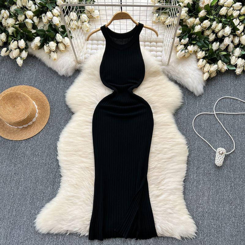

Elegant Dress Goddess Temperament Fancy Halterneck Vest Skirt Summer New Arrival Elastic Slim Fit Slimming Knitted Dress Black All yards