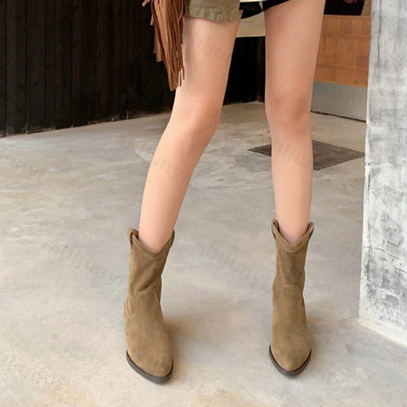 Fashion Women's Boots Retro Western Cowboy Boots 2025 Autumn Winter New Versatile Pointed Coarse Heel British Short Boots Botas Mujer