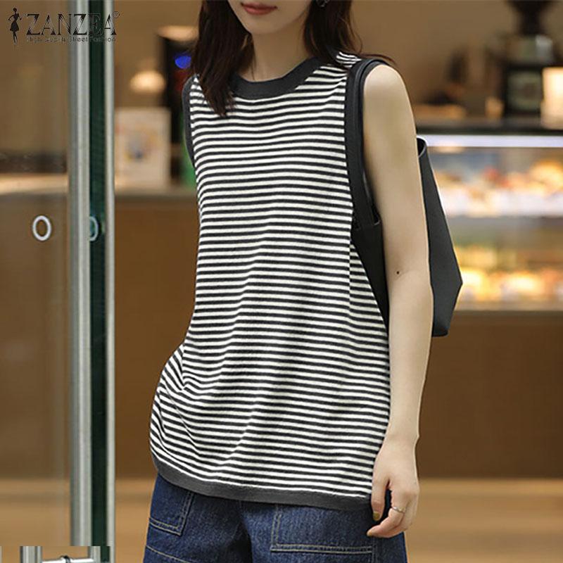 

ZANZEA Womens Casual Round Neck Sleeveless Striped Tanks S оранжевый