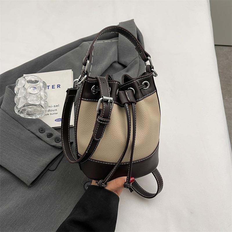 Luxury Designer Bucket Crossbody Bag  New Women Drawstring Vintage Handbags High Quality Patchwork Leather Shoulder Bags