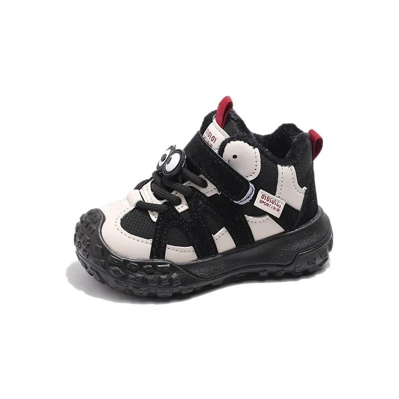 Boys Girls Running Shoes with Cute Eyes Kids Sneakers Thick Soft Sole 2024 New Fashion Children Sports Shoes with Fur Hook&loop