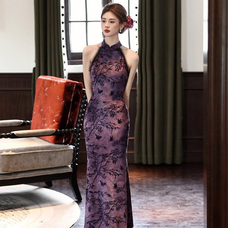 Purple fishtail neck national style new Chinese long cheongsam improved young 1011 new women's high-end dress