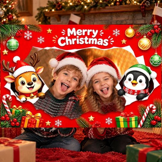 Christmas Celebration Photo Accessories Cartoon Booth Frame Banner, Xmas Selfie with Elk Gift for Party Decor Penguin Bear, Holiday Handheld