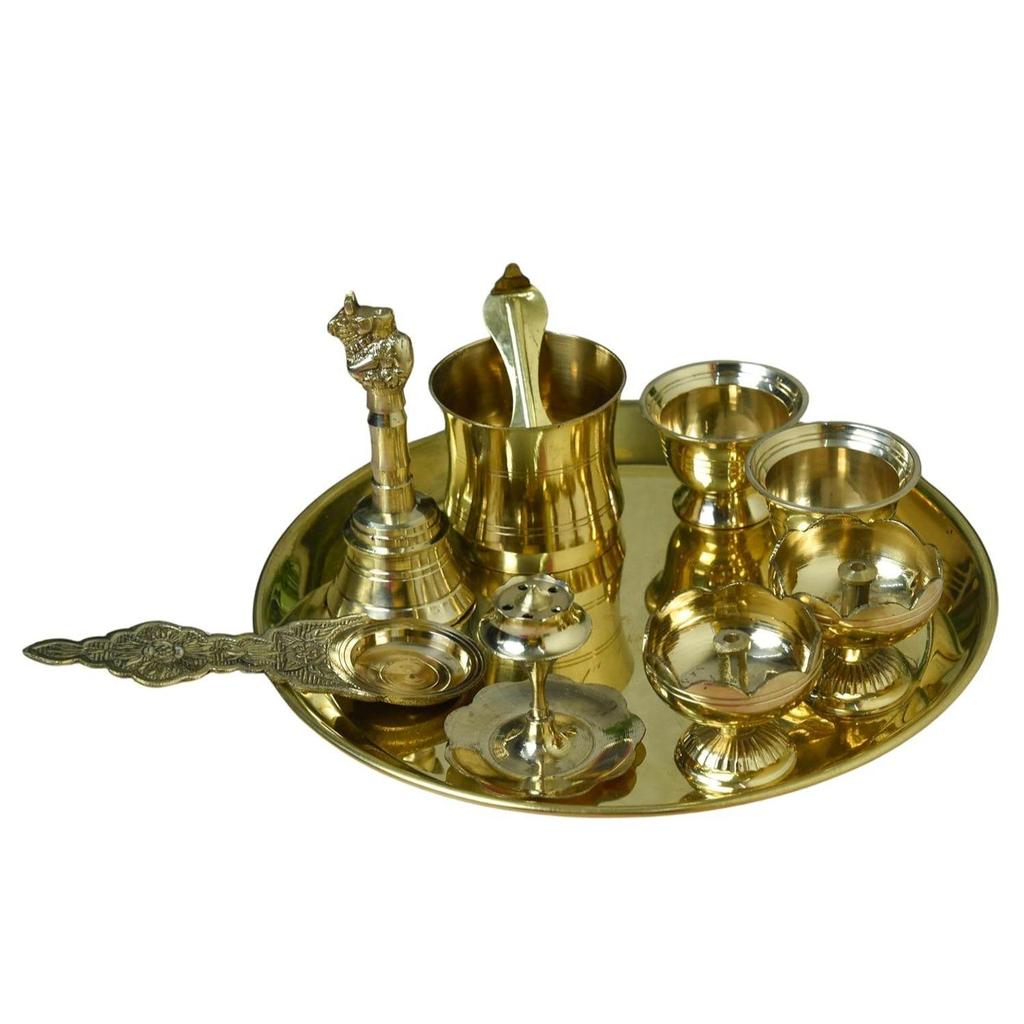 8-Inch Plain Brass Pooja Thali Set with Diyas, Kumkum Bowls, Agarbatti Stand & Accessories