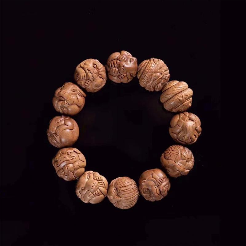 

Indian Sandalwood Zodiac Beads Bracelet with Buddhist Carvings Natural