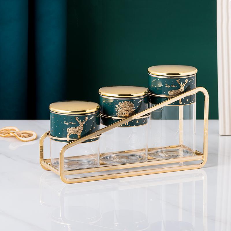 Food Storage Container, Glass Sealed Jar with Lid, Kitchen Storage Bottle, Household Moisture-proof Tea Can, Metal Rack